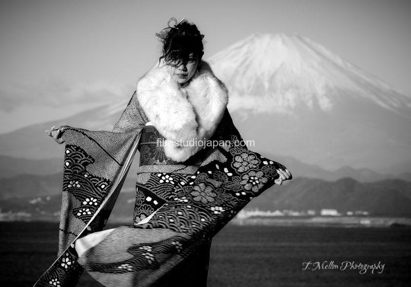 Monochrome seijin shiki mt. fuji backdrop