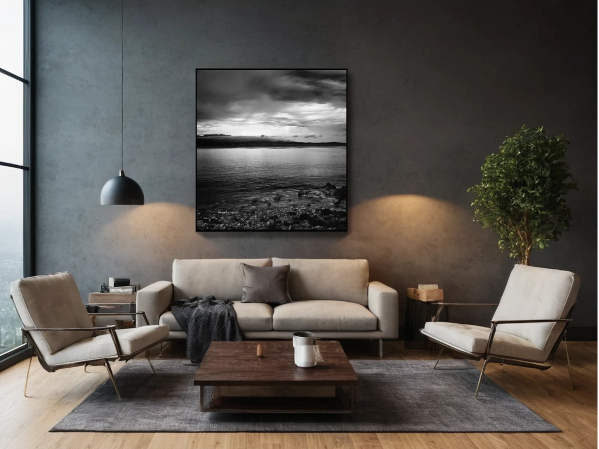 Square black and white sea art box modern living room